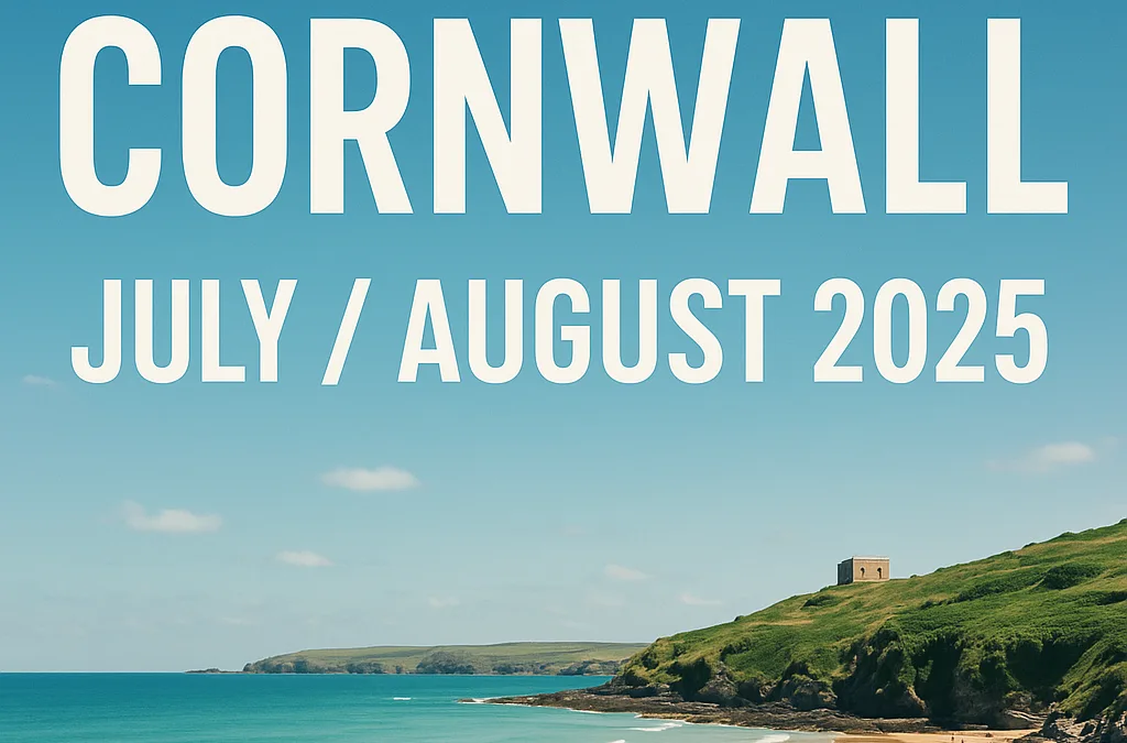 Events in Cornwall July/August 2025: Sunny beach with people enjoying the sea