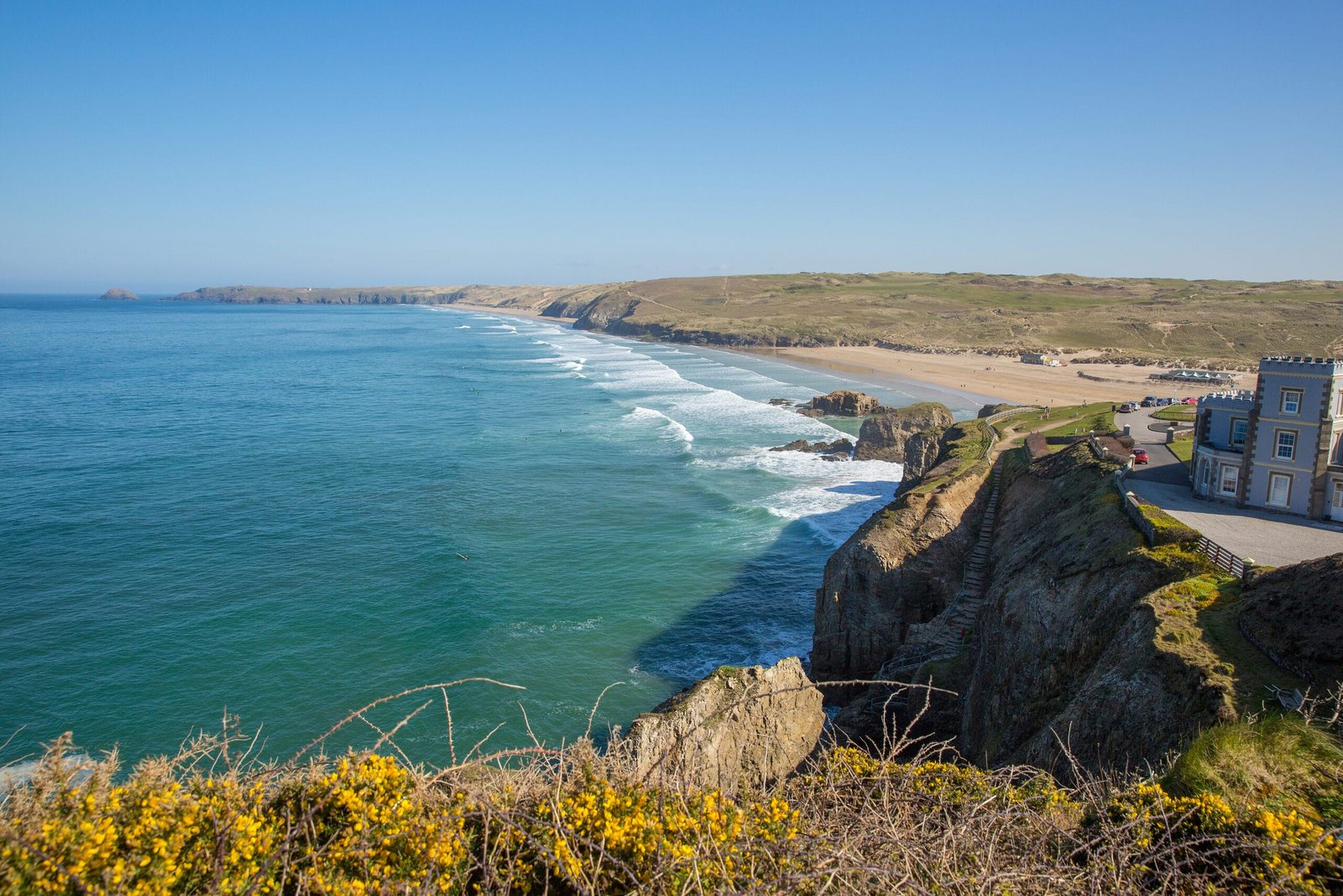 Perranporth Cornwall Coast And Beach View With Beautiful Weather